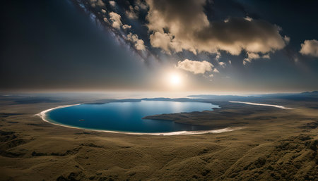 A breathtaking aerial view of a serene lake nestled amidst a sprawling landscape. The azure waters reflect the luminous sky, creating a stunning visual spectacle.の写真素材