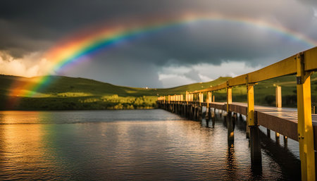 A vibrant rainbow arches over a wooden bridge stretching across a calm lake. The scene is bathed in golden light, creating a sense of peace and serenity.の写真素材
