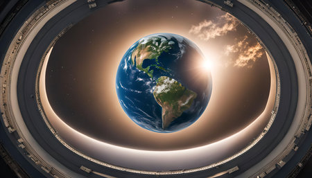 A stunning view of planet Earth seen from a futuristic spaceship in space with bright sun and stars on the background.の写真素材