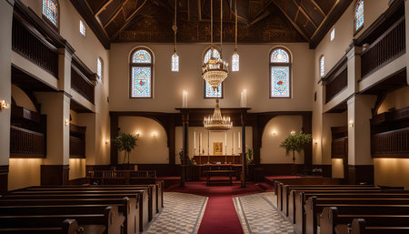 A view of the interior of a church with stained glass windows, pews, an altar, and a balcony