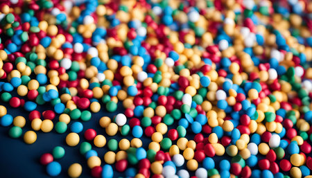 A macro shot of colorful candies on a blue background, perfect for a sweet and playful design.の写真素材