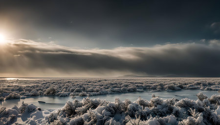 A breathtaking winter landscape with a frozen lake and dramatic sky. The ground is covered in snow, and the lake is frozen solid. The sky is a mix of dark clouds and bright sunlight.の写真素材