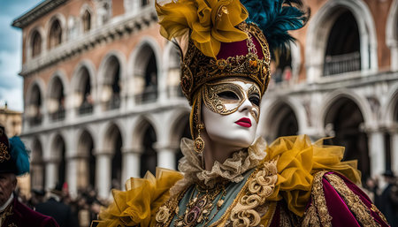 A woman in a traditional Venetian carnival costume, with a golden mask and elaborate headpiece, stands in front of a grand building.の写真素材
