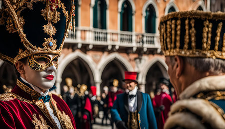 A close-up shot of two people wearing elaborate masks and costumes during the Venetian Carnival. The masks are highly decorated with gold and are worn over their faces, and the costumes are also very elaborate, with details of gold and velvet.の写真素材