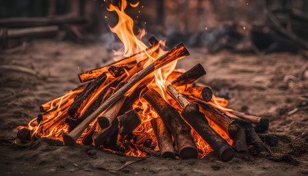 A close-up view of a campfire burning brightly with flames and smoke rising from the woodの写真素材