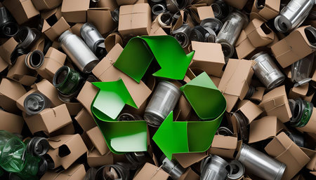 A vibrant green recycling symbol stands out against a background of crumpled cardboard boxes and metal cans. It symbolizes the importance of reusing and repurposing materials to create a sustainable future.の写真素材