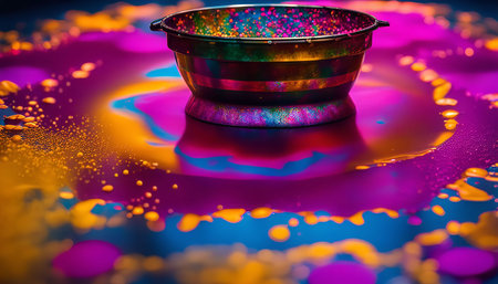 A metallic bowl sits on a vibrant abstract background of purple, blue, yellow, and orange hues. The bowl reflects the colors, creating a visually captivating image.の写真素材
