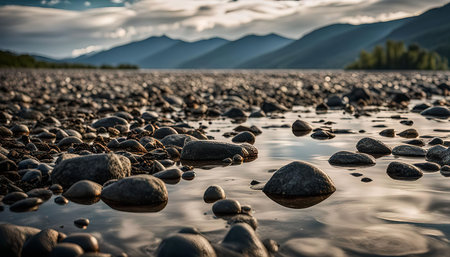 A close-up shot of a riverbed with smooth rocks and shallow water reflecting the mountains in the background.の写真素材