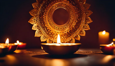 Close-up of golden diya candles lit during Diwali, a Hindu festival of lights.の写真素材