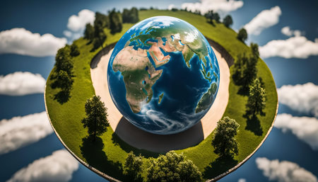 A globe representing Earth sits on a small island surrounded by trees and floating in the sky, depicting a concept of environmental protection and sustainability.の写真素材