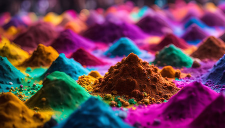 A vibrant and colorful landscape created from a variety of powders, showing a range of hues and textures.の写真素材