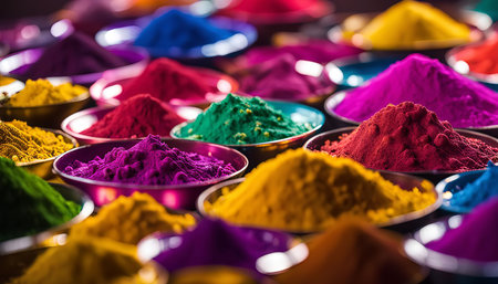 A collection of bowls filled with vibrant powders for the Holi festival in India. These colors symbolize the joy and celebration of the festival.の写真素材
