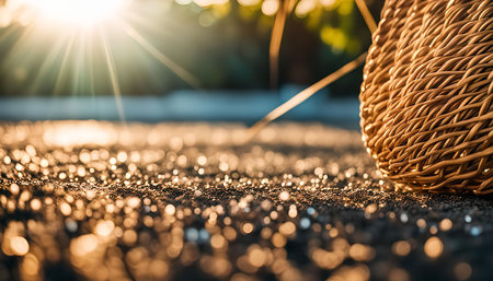A close-up shot of a woven basket on a sun-drenched surface, capturing the glistening light rays and the intricate texture of the wicker.の写真素材