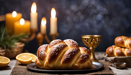 A freshly baked challah bread on a plate with candles in the background.の写真素材