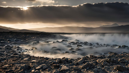 A captivating sunrise over a misty scene. The rising sun bathes the scene in a warm golden light, illuminating the dramatic mountain range in the distance.の写真素材
