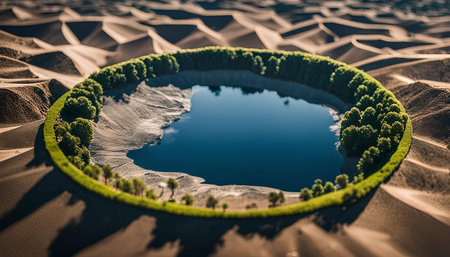 An aerial view of an oasis in the desert with a blue lake surrounded by trees.の写真素材