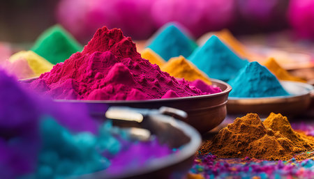 A close-up view of colorful powders used for the Holi festival. The powder colors are red, blue, yellow, green, and purple, and they are arranged in bowls on a table. The colors are vibrant and create a festive atmosphere.の写真素材