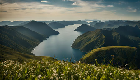 A breathtaking view of a lake surrounded by mountains, with lush green grass and wildflowers in the foreground.の写真素材