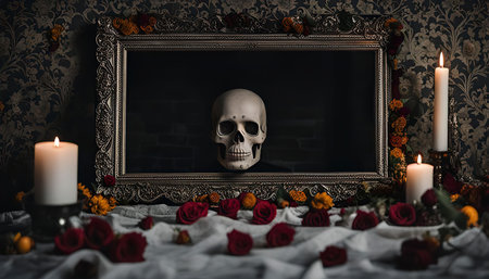 This still life features a human skull in an ornate frame surrounded by candles and roses. The dark background and dramatic lighting create a sense of mystery and intrigue.の写真素材