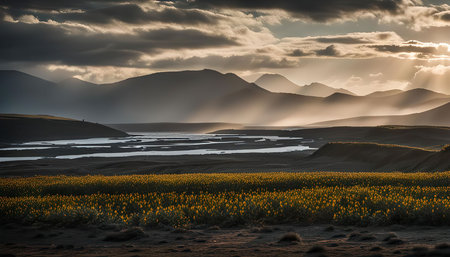 A dramatic landscape with golden fields in the foreground, a distant lake, and majestic mountains silhouetted against a stunning sunset sky.の写真素材