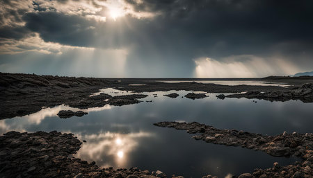 A breathtaking landscape photo of sunbeams piercing through dark clouds, reflecting in the still waters of a lake on a calm dayの写真素材