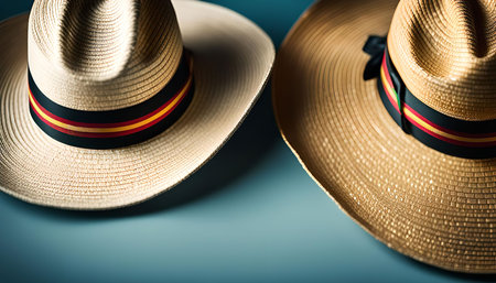 A close-up of two straw hats with colorful bands, showing their texture and design. The hats are positioned against a blue background, creating a visually appealing composition.の写真素材
