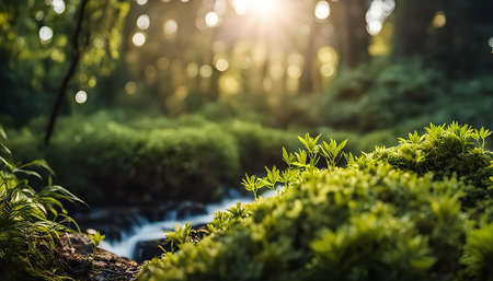 A close-up image of a forest stream with lush vegetation. Sunlight shines through the trees, creating a warm and inviting atmosphere.の写真素材