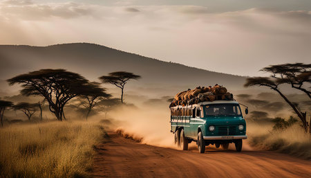 A truck drives on a dusty road in Africa, with acacia trees and a mountainous background. The scene is full of adventure and exploration.の写真素材