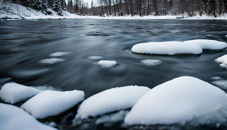 A serene view of a frozen river during winter, with snow-covered rocks and smooth, glassy water.の写真素材