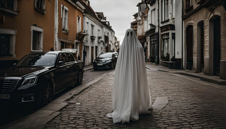 A ghostly figure in a white sheet walks down a cobblestone street in a European city. The street is lined with old buildings and the atmosphere is mysterious and eerie.の写真素材
