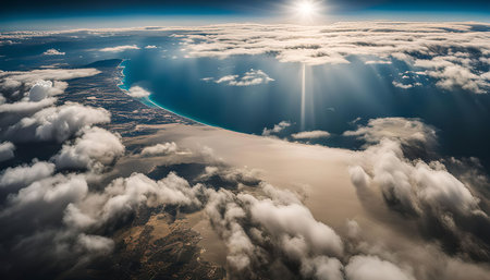 A breathtaking aerial view showcasing a coastline with a blue ocean, white clouds, and sun rays illuminating the landscape.の写真素材