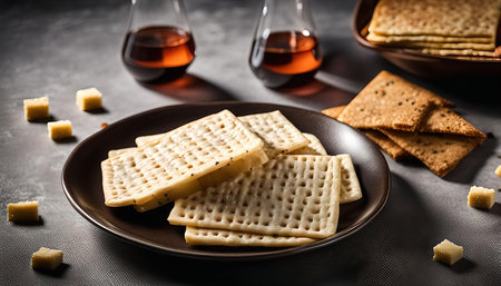 A plate of crackers, with a few cubes of cheese scattered around the table, a couple of jars in the backgroundの写真素材
