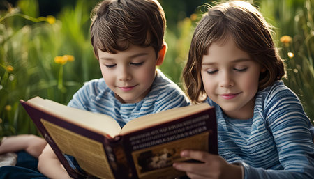 Two children, a boy and a girl, are sitting in a grassy park reading a book together. They are both smiling and seem to be enjoying their time together. The book is open and the children are focused on the story. The photo captures a sense of childhood joy, learning, and friendship.の写真素材