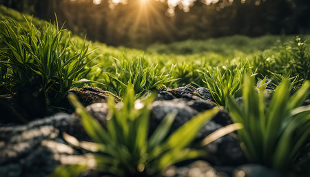 A close-up shot of green grass illuminated by the warm rays of the sun in a meadow.の写真素材