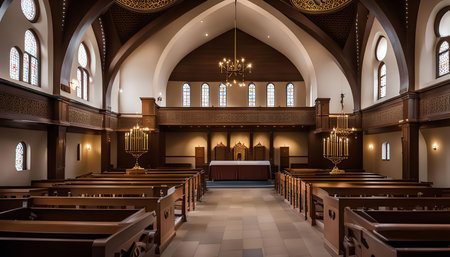 An interior shot of a church, showcasing rows of wooden pews leading towards the altar with a chandelier hanging from the ceilingの写真素材