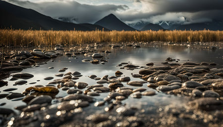 A serene view of a mountain reflection in a still body of water, with pebbles and grass in the foreground. The scene is peaceful and tranquil.の写真素材