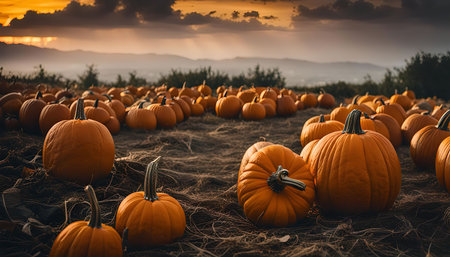 A field of ripe pumpkins basking in the golden glow of sunset, a picturesque scene capturing the essence of autumn.の写真素材