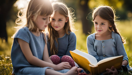 Three young girls are sitting in a park on a sunny day, reading a book together. They look happy and focused on the story. The image captures the joy of reading and the importance of friendship.の写真素材