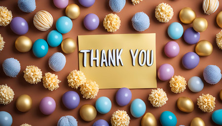A gold card with the words "Thank You" surrounded by colorful decorations like small balls, flowers, and gold accents. The card sits on a brown background.の写真素材