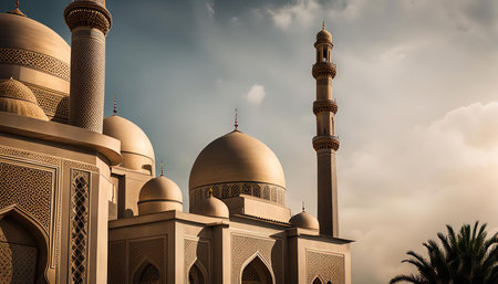 A majestic mosque with golden domes and minarets against a backdrop of a bright blue sky with fluffy clouds.の写真素材