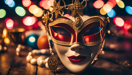 A close-up shot of a Venetian mask with golden decorations and sparkling lights in the background, creating a festive and mysterious atmosphere. The mask is elegant and glamorous, with a touch of vintage charm.の写真素材