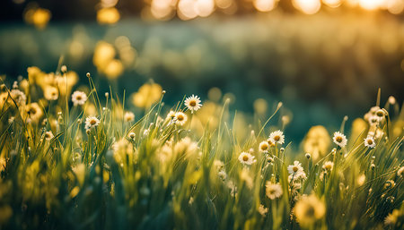 A vibrant meadow bursting with life, a symphony of delicate white daisies dancing in the warm glow of sunlight. The green grass provides a lush backdrop for the vibrant flowers, capturing the essence of nature's beauty.の写真素材