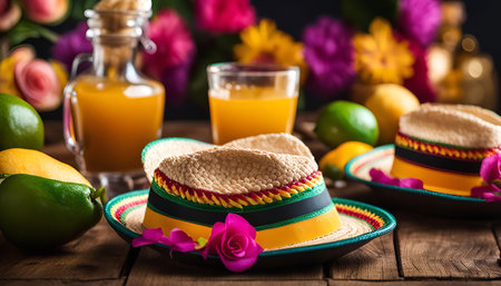 A vibrant and inviting table setting featuring colorful straw hats, a bottle of juice, limes, mangoes, and fresh flowers. It evokes a sense of fun and celebration, perfect for a summer gathering.の写真素材