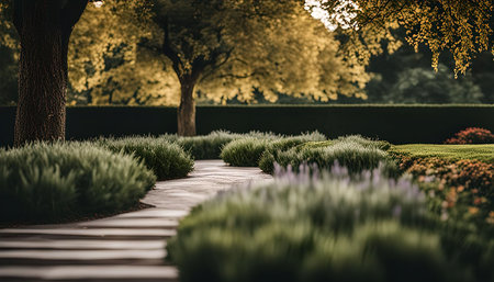 A stone pathway meanders through a beautifully manicured garden, with lush green foliage and vibrant trees lining the sides.の写真素材
