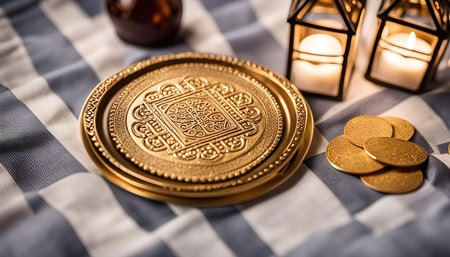 A close-up shot of a golden tray intricately with design on a striped fabric surface. The tray is round and has a decorative pattern. The image is a still life photography that highlights the beauty and detail of the tray.の写真素材