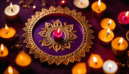A close up of a diwali celebration with candles and a mandala design.の写真素材