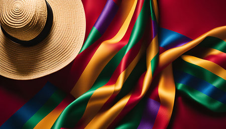 A straw hat is placed on a colorful striped fabric. The colors of the fabric are bright and vibrant, creating a visually appealing background.の写真素材