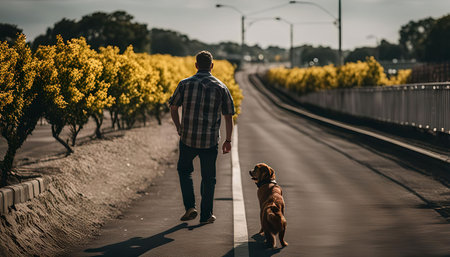 A man walks down a path with his dog, both walking away from the viewerの写真素材