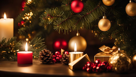 Close-up of a Christmas tree adorned with red and gold ornaments, surrounded by lit candles and presents, creating a festive and warm atmosphere.の写真素材