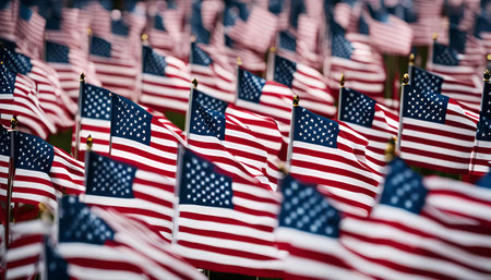 A close-up photo of a field of American flags waving in the wind, symbolizing patriotism and national pride.の写真素材